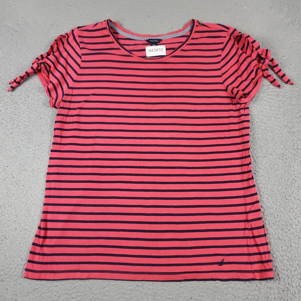 Nautica Womens Large Pink Blue Striped Short Sleeve Crew Neck T-Shirt Tie Sleeve